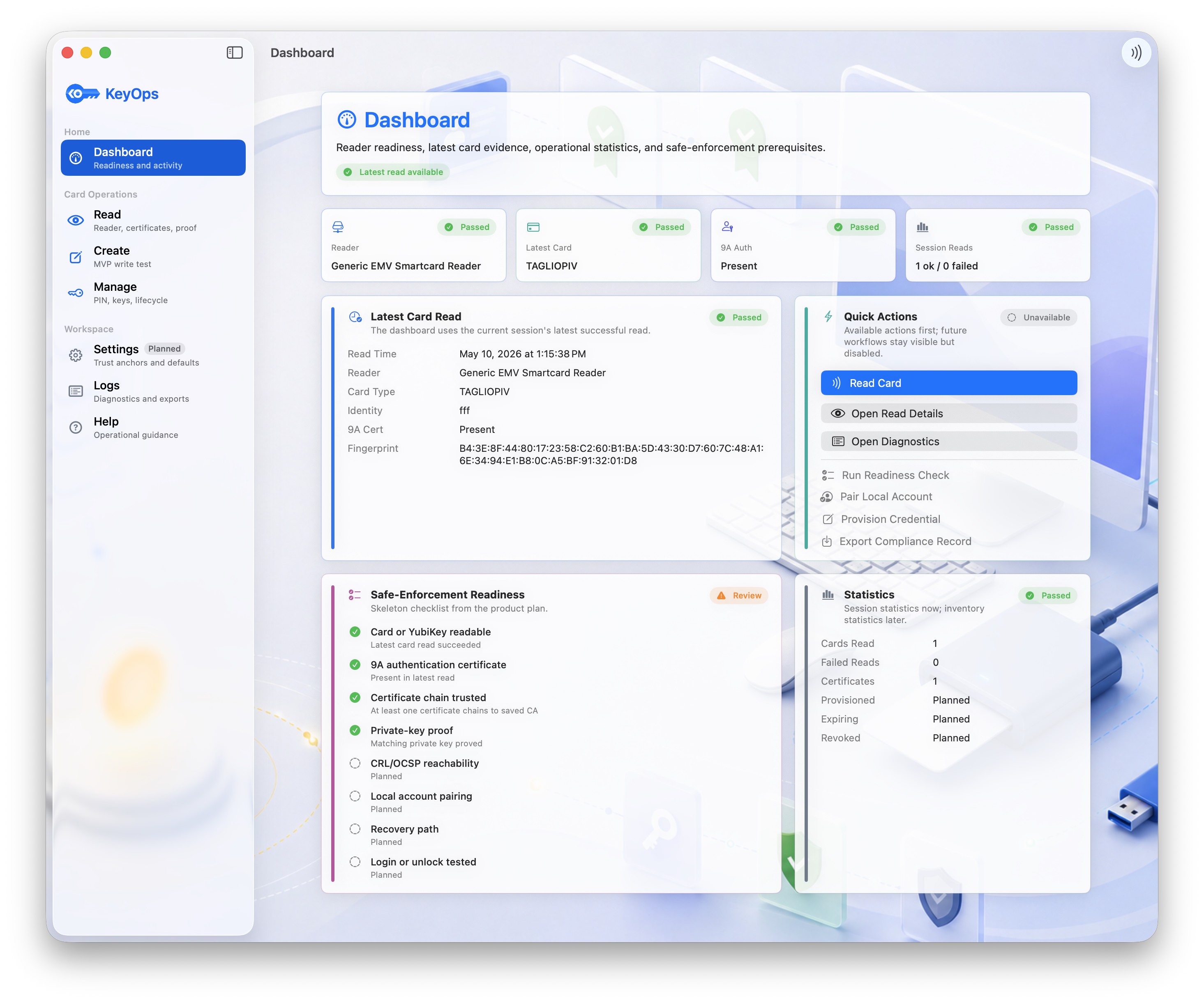 KeyOps dashboard showing reader readiness, latest card read, quick actions, and statistics.